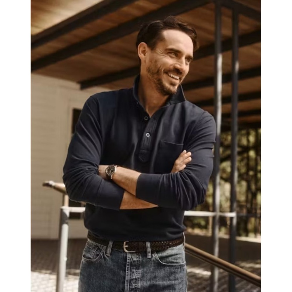 Relwen Frenchloop Polo Shirt Men's Small Navy Long Sleeve Pique Cotton Huckberry